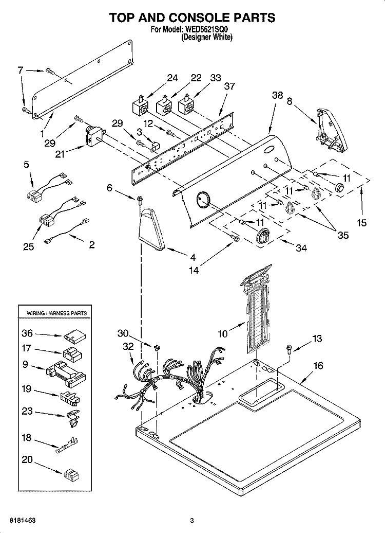 TOP AND CONSOLE PARTS Diagram and Parts List for WED5521SQ0  Whirlpool Dryer