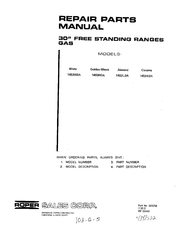 BACKGUARD Diagram and Parts List for 1453W0A  Roper Range