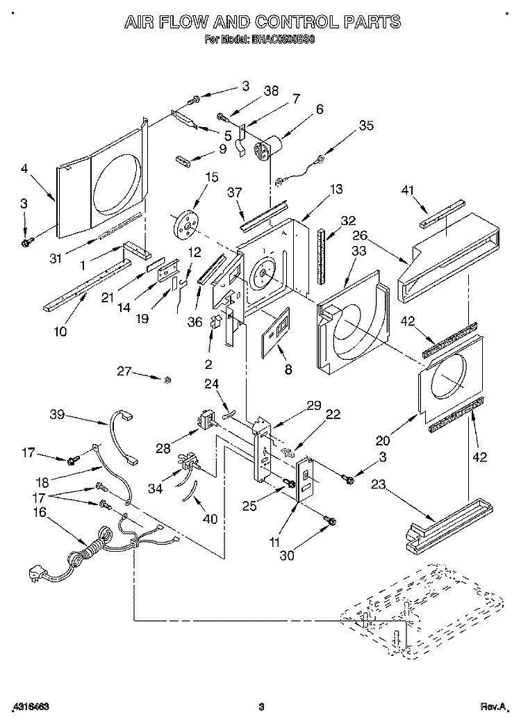 AIR FLOW AND CONTROL Diagram and Parts List for BHAC0500BS0  Whirlpool Air Conditioner