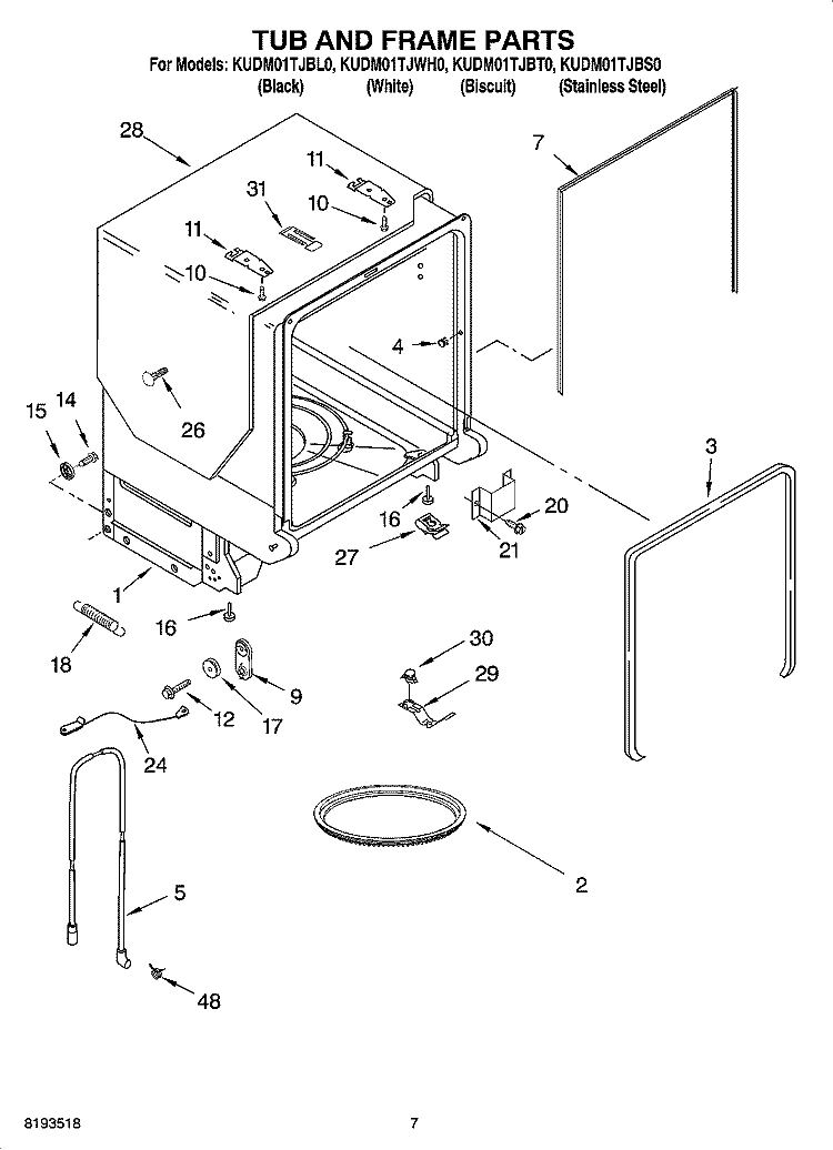 TUB AND FRAME PARTS Diagram and Parts List for KUDM01TJWH0  KitchenAid Dishwasher