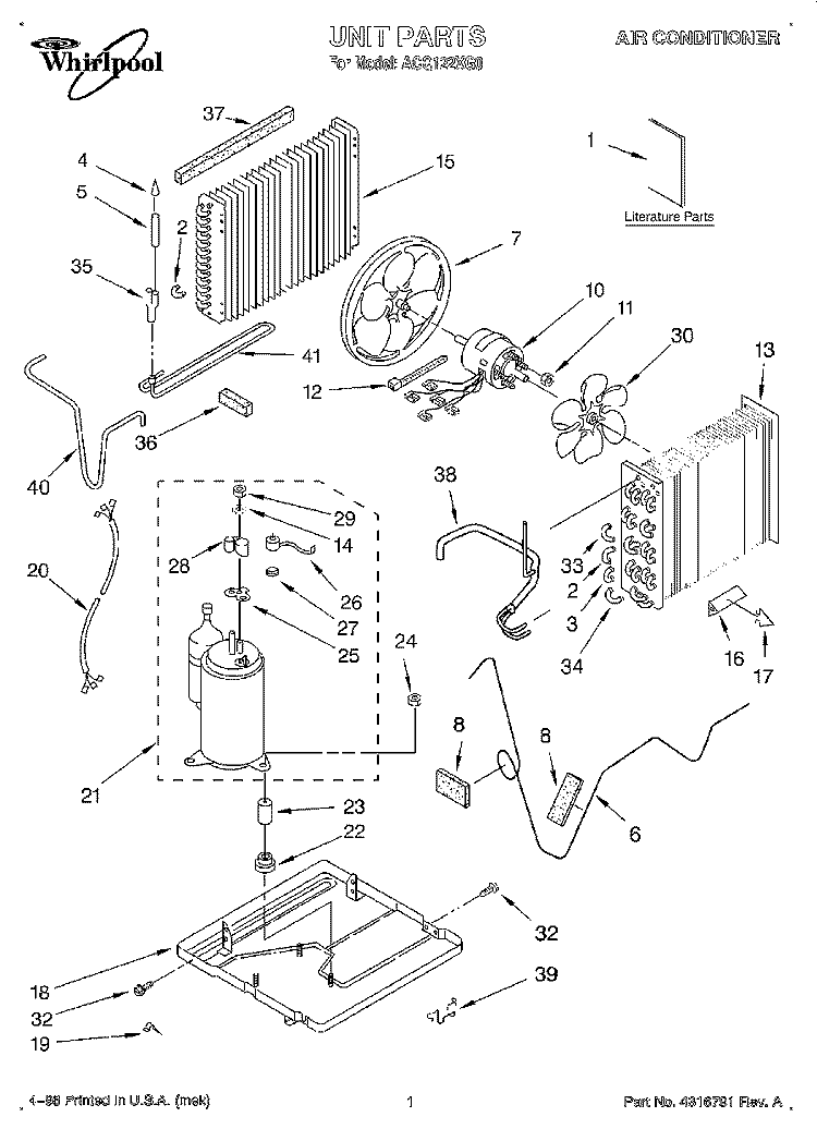 UNIT, LITERATURE Diagram and Parts List for ACQ122XG0  Whirlpool Air Conditioner