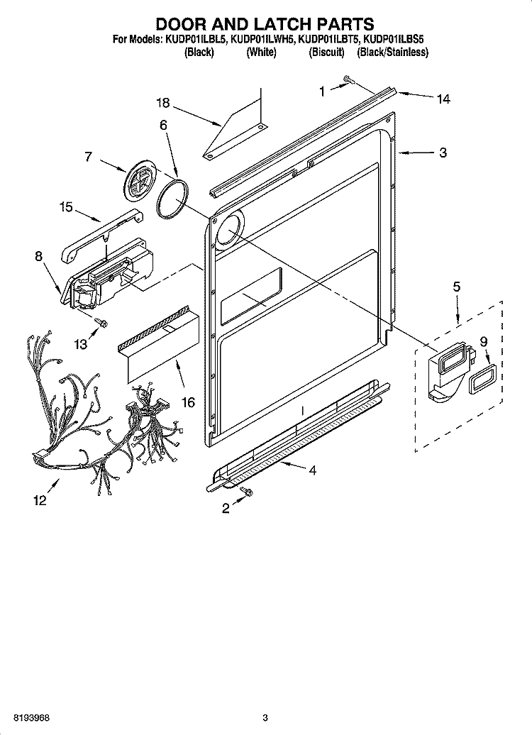DOOR AND LATCH PARTS Diagram and Parts List for KUDP01ILBT5  KitchenAid Dishwasher