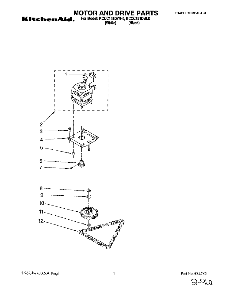 MOTOR AND DRIVE, LITERATURE Diagram and Parts List for KCCC151DWH0  KitchenAid Trash Compactor