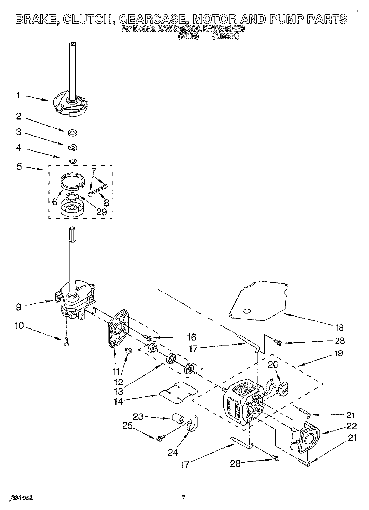 BRAKE, CLUTCH, GEARCASE, MOTOR AND PUMP Diagram and Parts List for KAWS750GQ0  KitchenAid Washer
