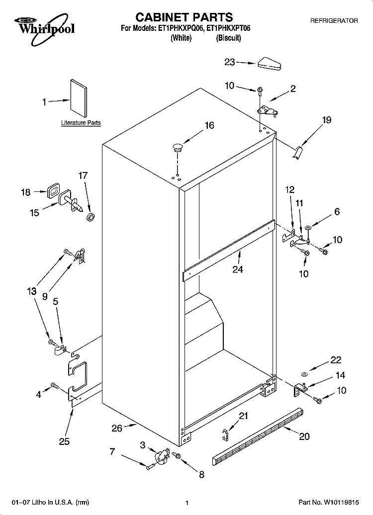 CABINET PARTS Diagram and Parts List for ET1PHKXPQ06  Whirlpool Refrigerator
