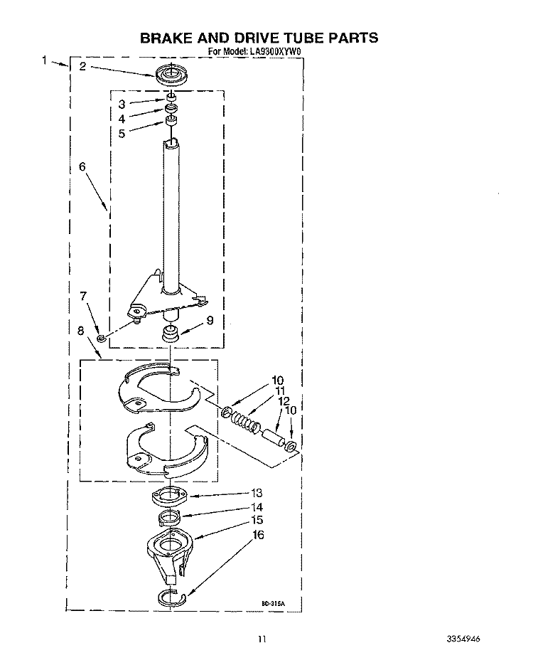BRAKE AND DRIVE TUBE Diagram and Parts List for LA9300XYN0  Whirlpool Washer