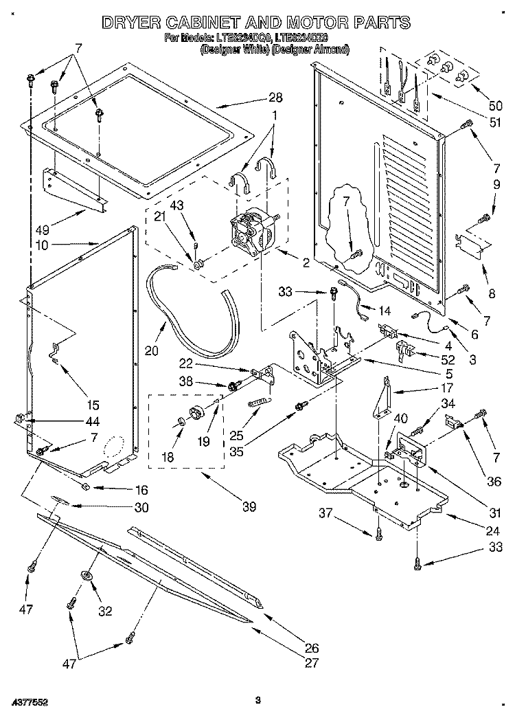 DRYER CABINET AND MOTOR Diagram and Parts List for LTE6234DQ0  Whirlpool Washer Dryer Combo