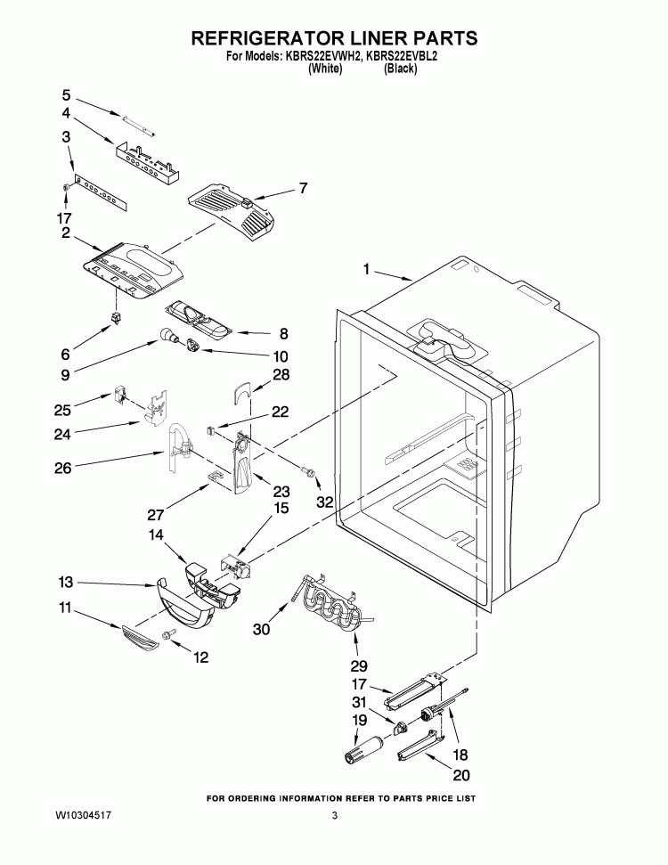 REFRIGERATOR LINER PARTS Diagram and Parts List for KBRS22EVBL2  KitchenAid Refrigerator