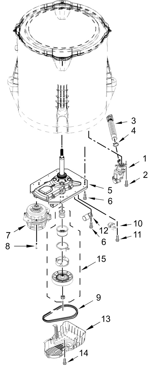 Gearcase, Motor And Pump Parts Diagram and Parts List for 4KNTW3300JW2  Whirlpool Washer