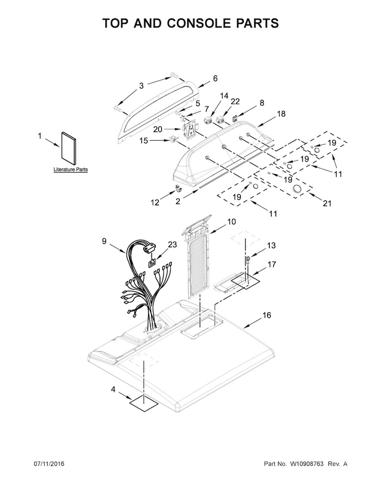 Top And Console Parts Diagram and Parts List for 7MWGD2150EN1  Whirlpool Dryer
