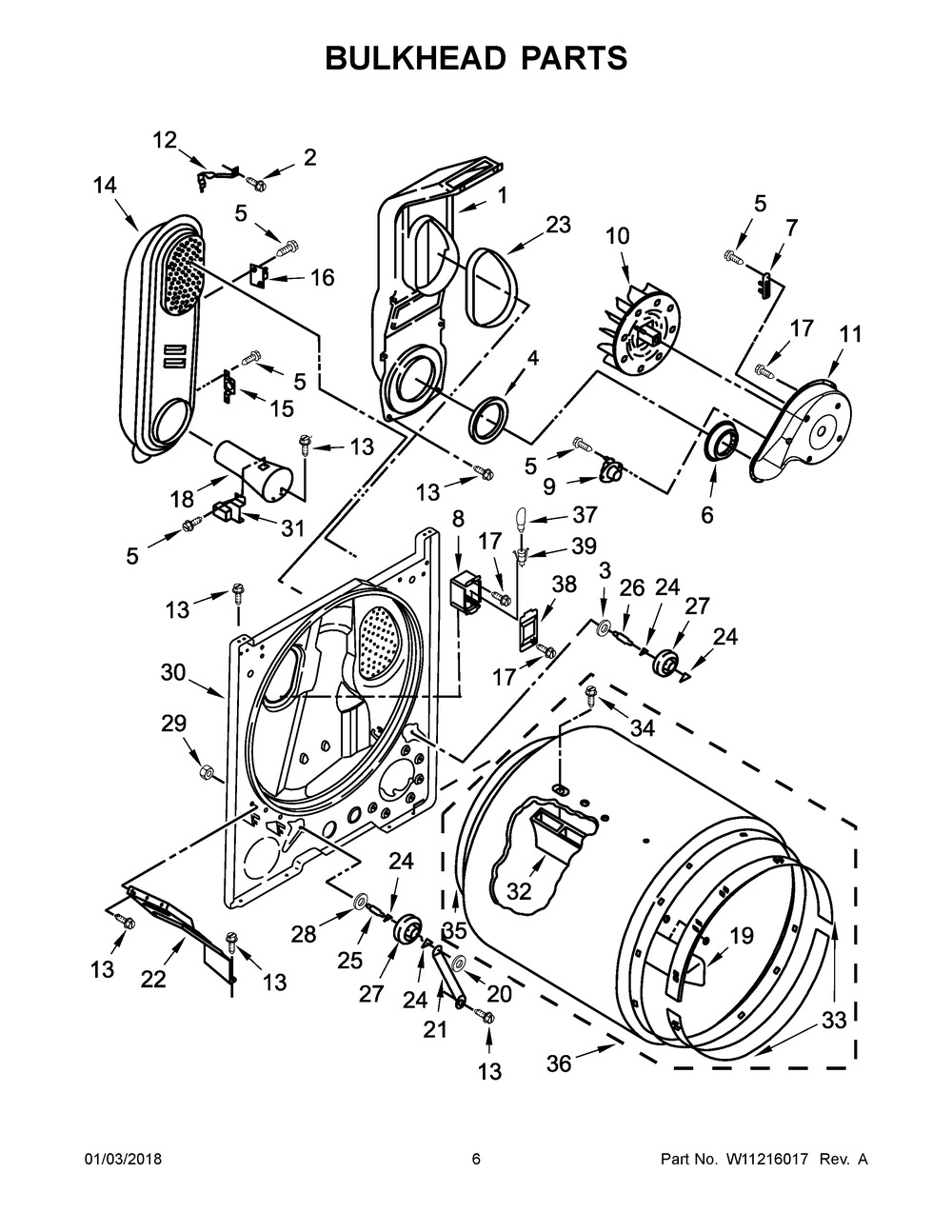 Bulkhead Parts Diagram and Parts List for WGD4950HW0  Whirlpool Dryer