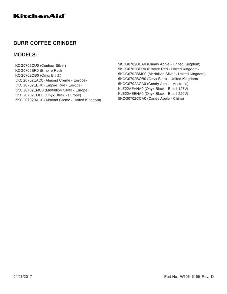 Cover Sheet Diagram and Parts List for KCG0702OB0  KitchenAid Coffee Grinder