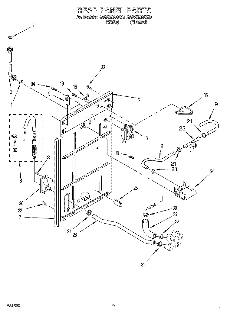 REAR PANEL Diagram and Parts List for KAWS800GZ0  KitchenAid Washer