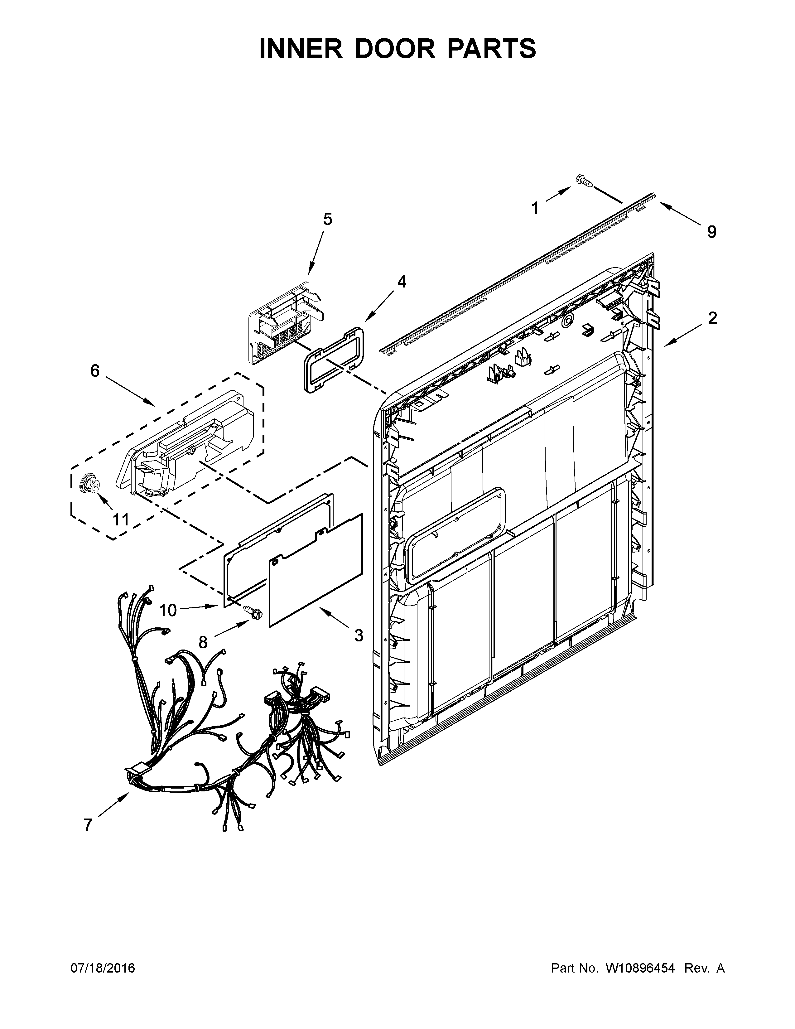 Inner Door Parts Diagram and Parts List for IDF320PAFW1  Whirlpool Dishwasher