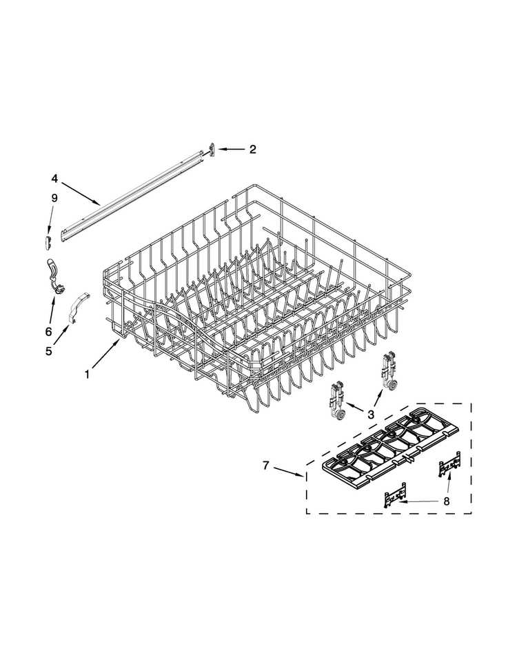Upper Rack And Track Parts Diagram and Parts List for WDF540PADM0  Whirlpool Dishwasher