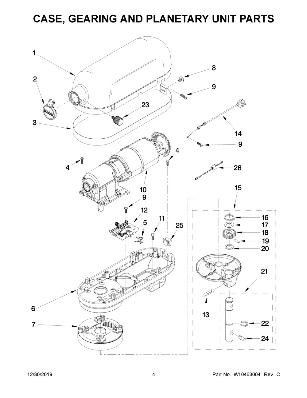 Case, Gearing And Planetary Unit Parts Diagram and Parts List for 5KSM7990XBSL0  Whirlpool Mixer