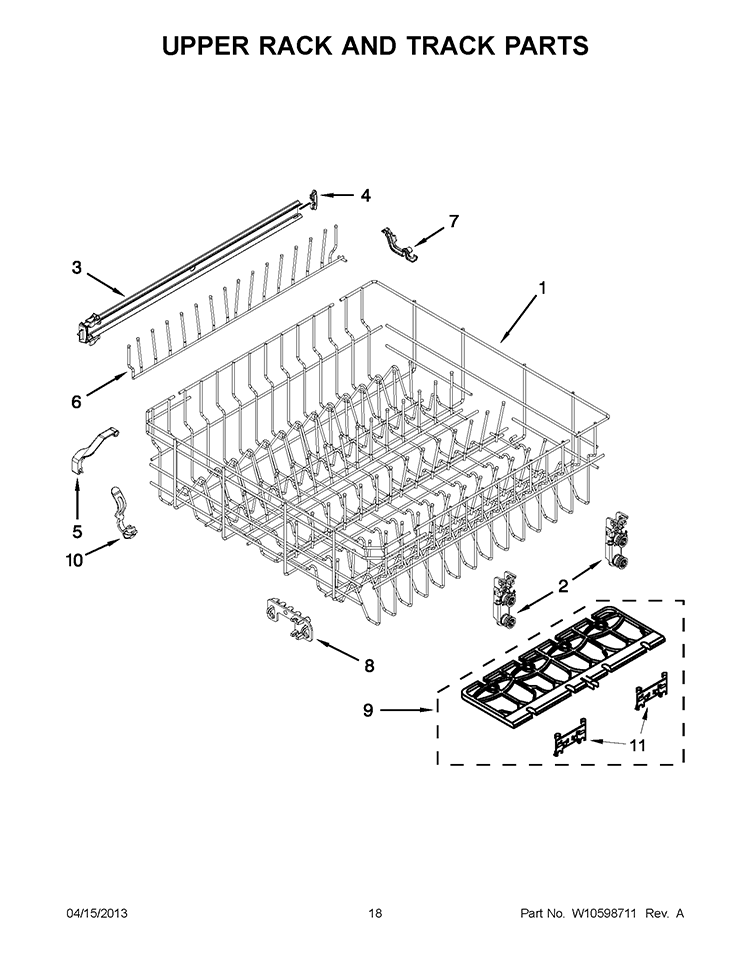 UPPER RACK AND TRACK PARTS Diagram and Parts List for WDT710PAYB4  Whirlpool Dishwasher