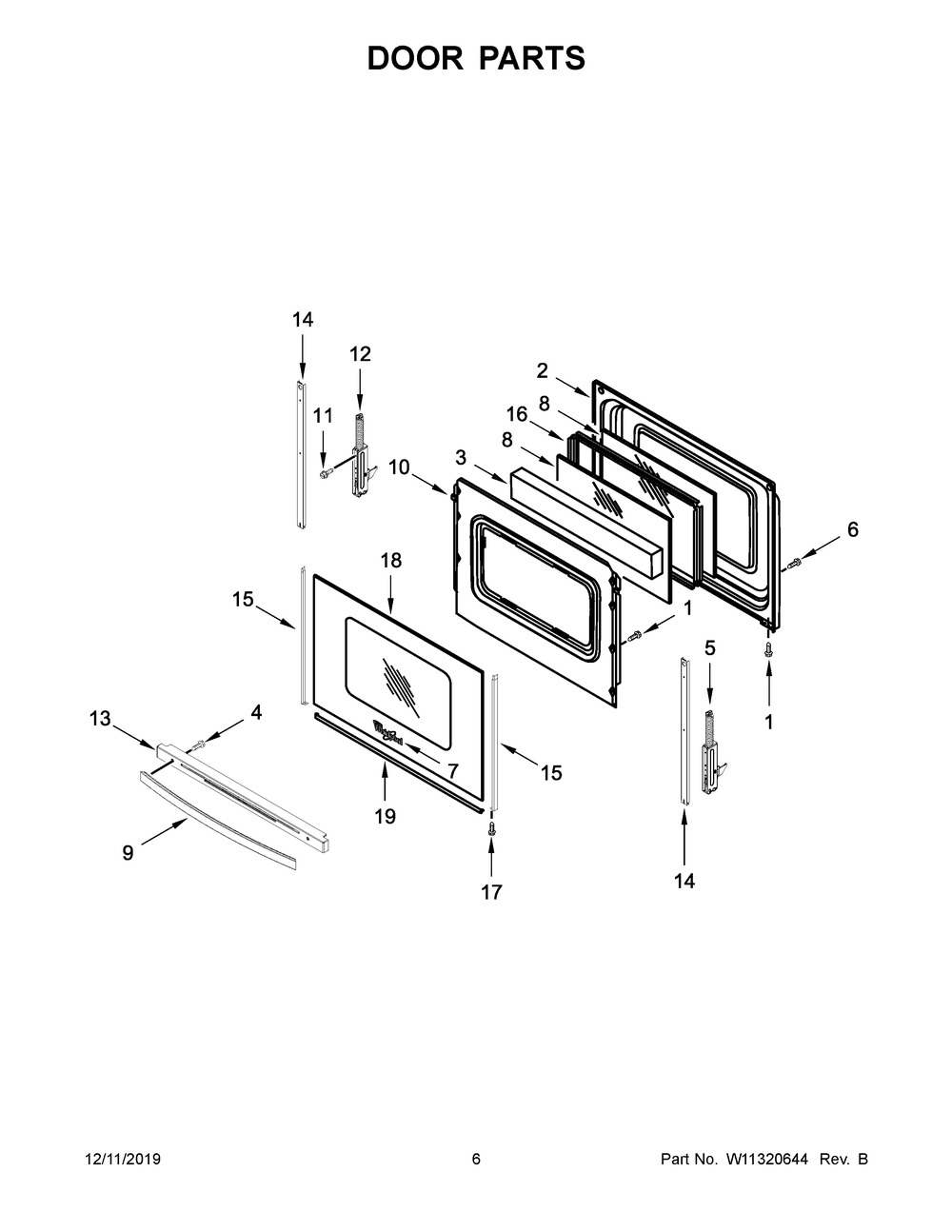Door Parts Diagram and Parts List for WEE510S0FB2  Whirlpool Range