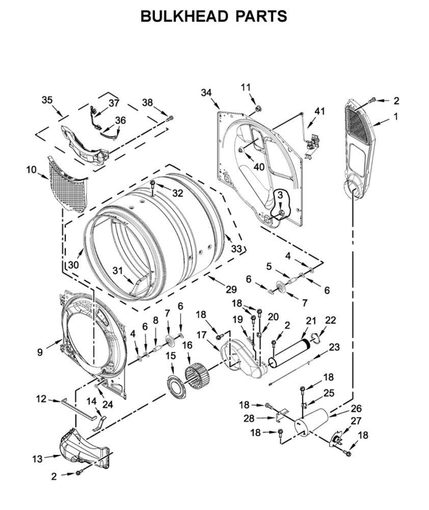 Bulkhead Parts Diagram and Parts List for WGD5620HW1  Whirlpool Dryer