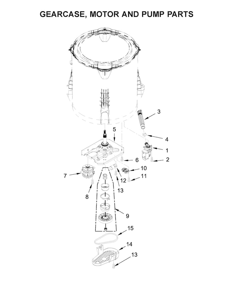 Gearcase, Motor And Pump Parts Diagram and Parts List for WTW4815EW1  Whirlpool Washer