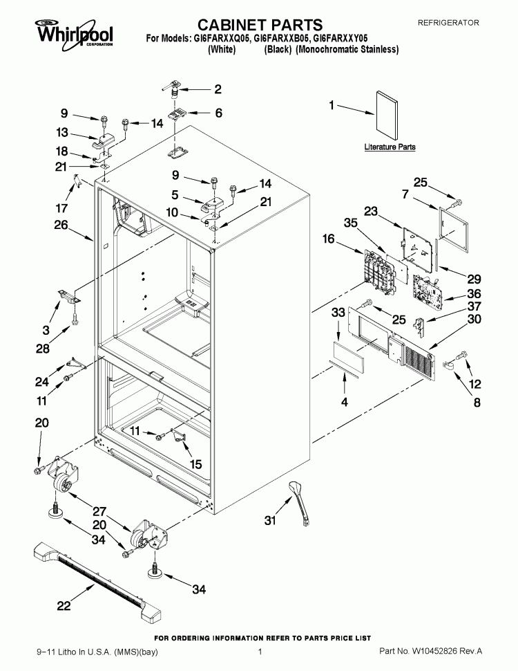 CABINET PARTS Diagram and Parts List for GI6FARXXB05  Whirlpool Refrigerator