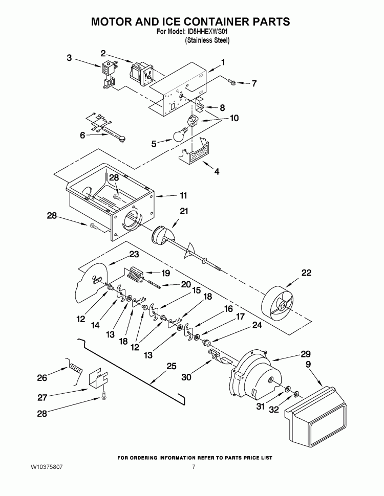 MOTOR AND ICE CONTAINER PARTS Diagram and Parts List for ID5HHEXWS01  Whirlpool Refrigerator