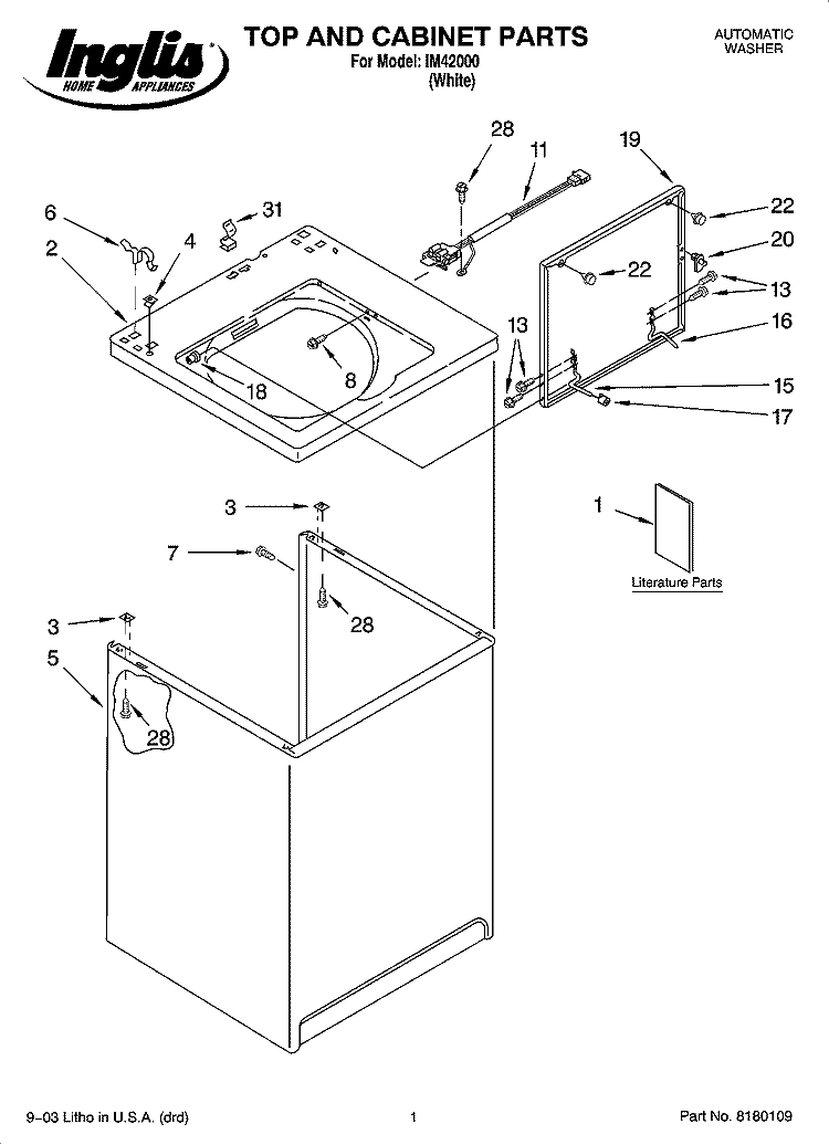 TOP AND CABINET PARTS Diagram and Parts List for IM42000  Inglis Washer