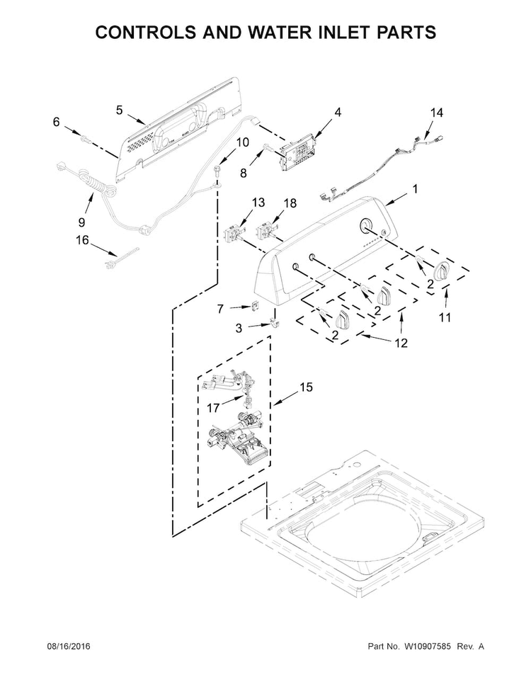 Controls And Water Inlet Parts Diagram and Parts List for 11020222511  Kenmore Washer