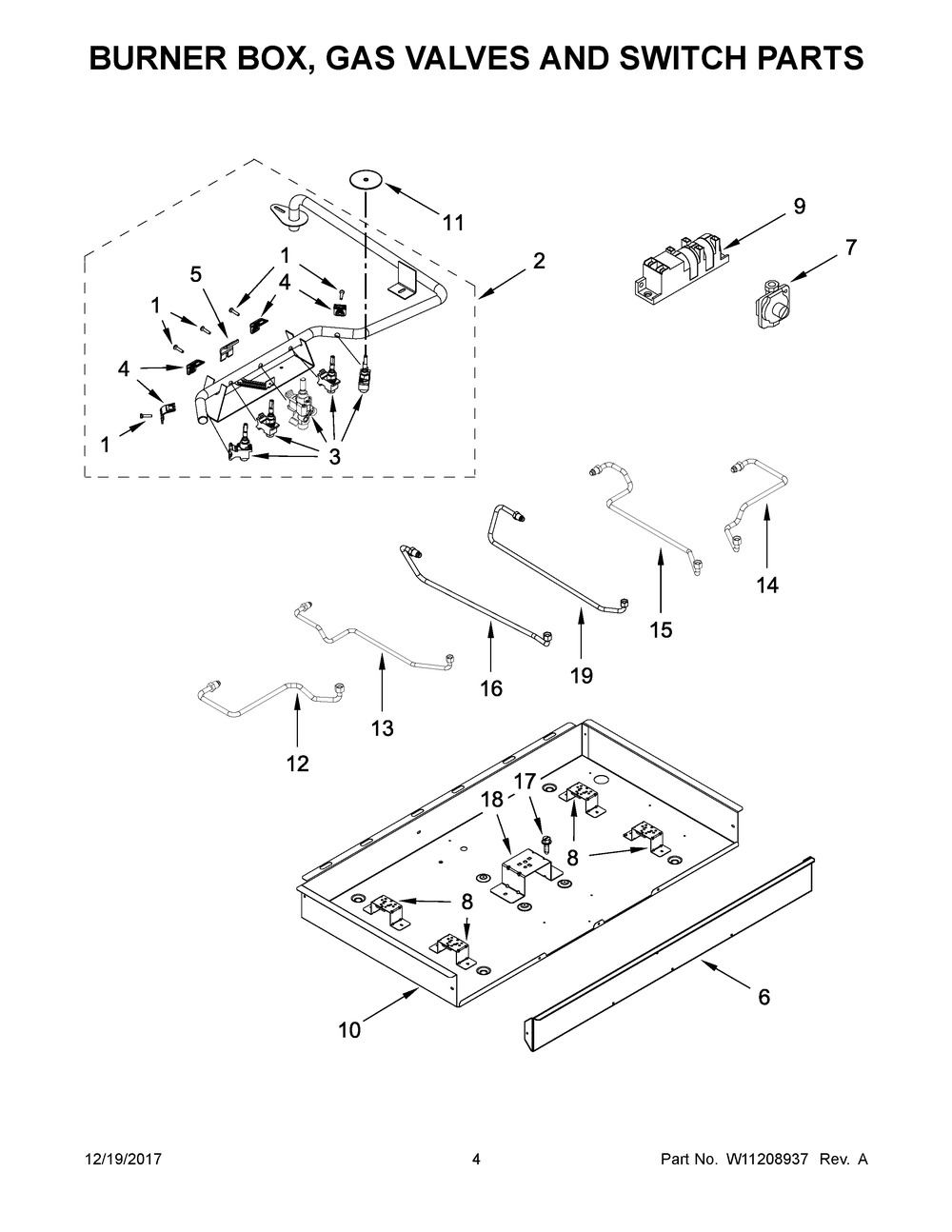 Burner Box, Gas Valves And Switch Parts Diagram and Parts List for WCG97US0HS00  Whirlpool Cooktop