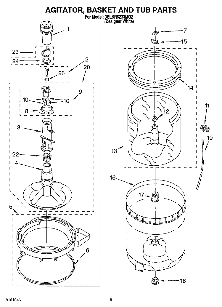 AGITATOR, BASKET AND TUB PARTS Diagram and Parts List for 3SLSR6233MQ2  Whirlpool Washer