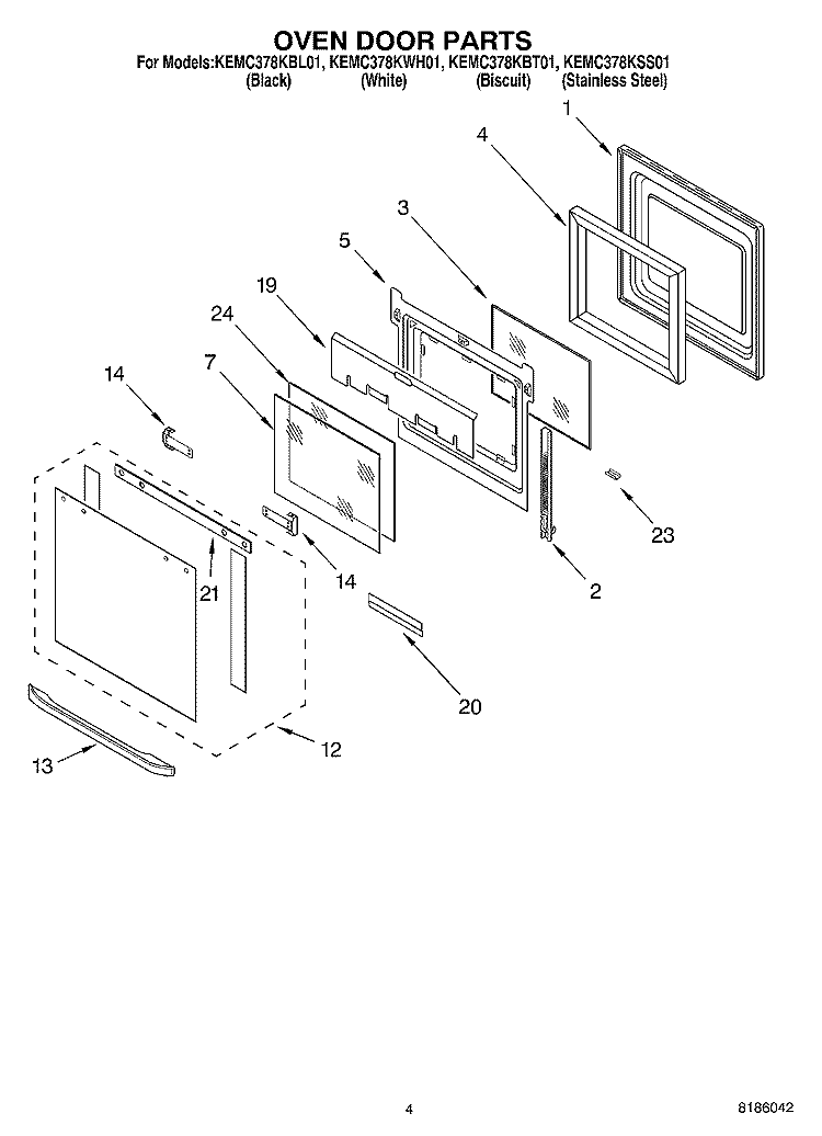 OVEN DOOR PARTS Diagram and Parts List for KEMC378KBL01  KitchenAid Microwave Oven Combo
