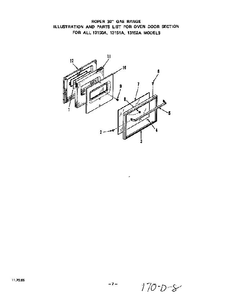 Oven Door Diagram and Parts List for 1315*1A  Roper Range