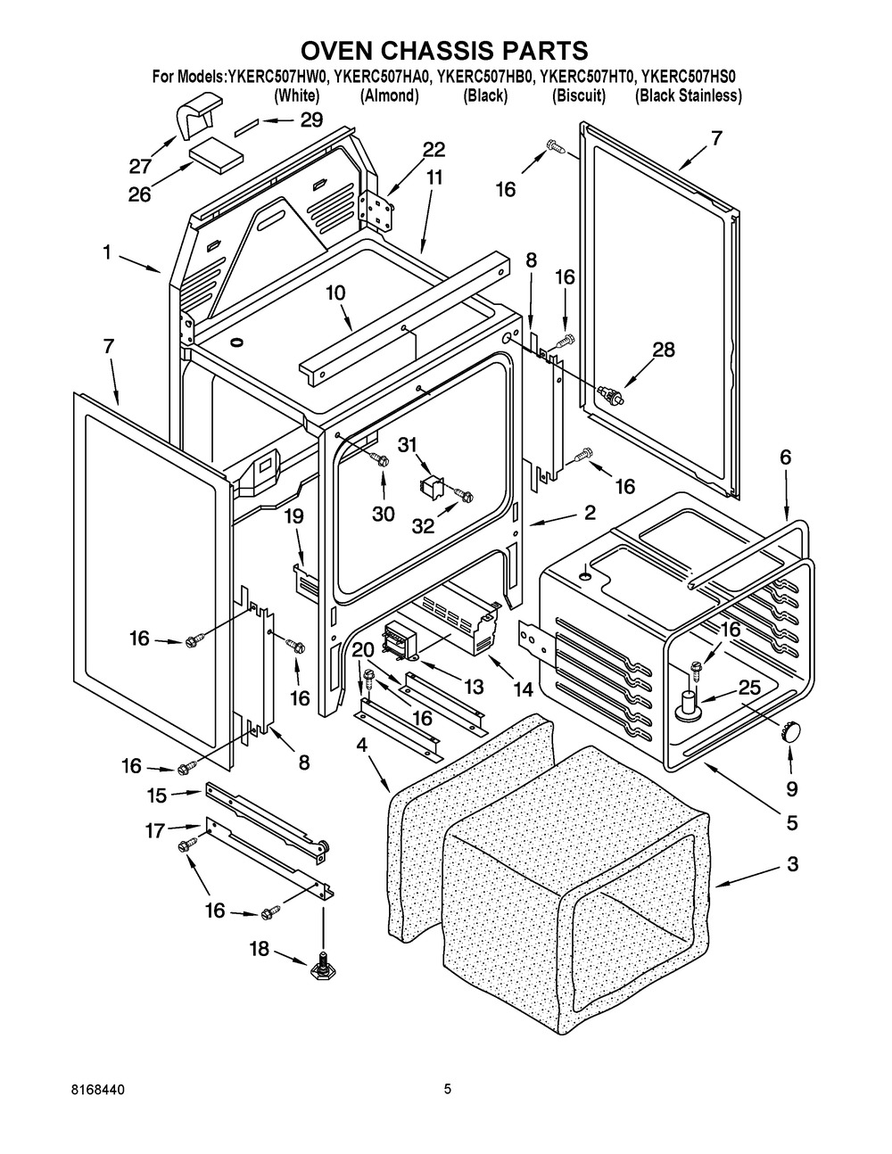 Oven Chassis Parts Diagram and Parts List for YKERC507HA0  Whirlpool Range