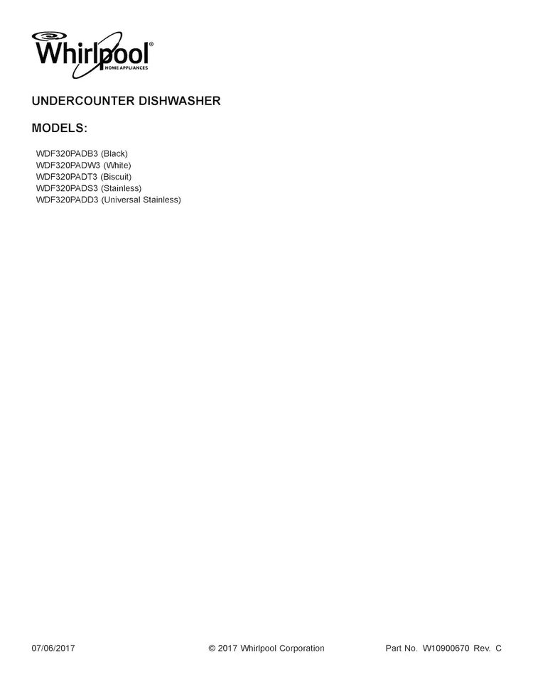Cover Sheet Diagram and Parts List for WDF320PADB3  Whirlpool Dishwasher