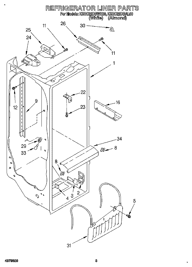 REFRIGERATOR LINER Diagram and Parts List for KSRC22DBWH00  KitchenAid Refrigerator