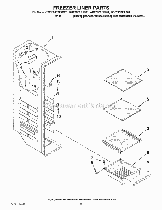FREEZER LINER PARTS Diagram and Parts List for WSF26C3EXF01  Whirlpool Refrigerator