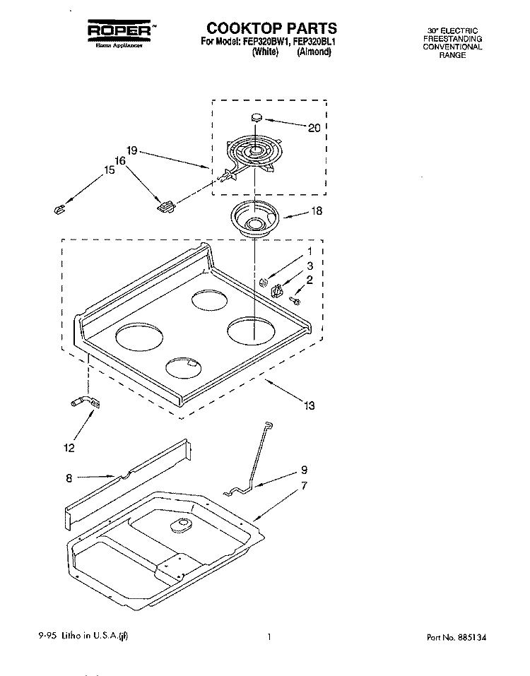 COOKTOP, LITERATURE Diagram and Parts List for FEP320BW1  Roper Range