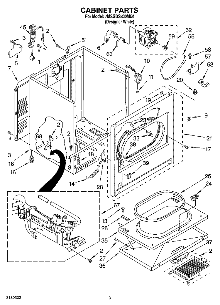 CABINET PARTS Diagram and Parts List for 7MSGDS800MQ1  Whirlpool Dryer