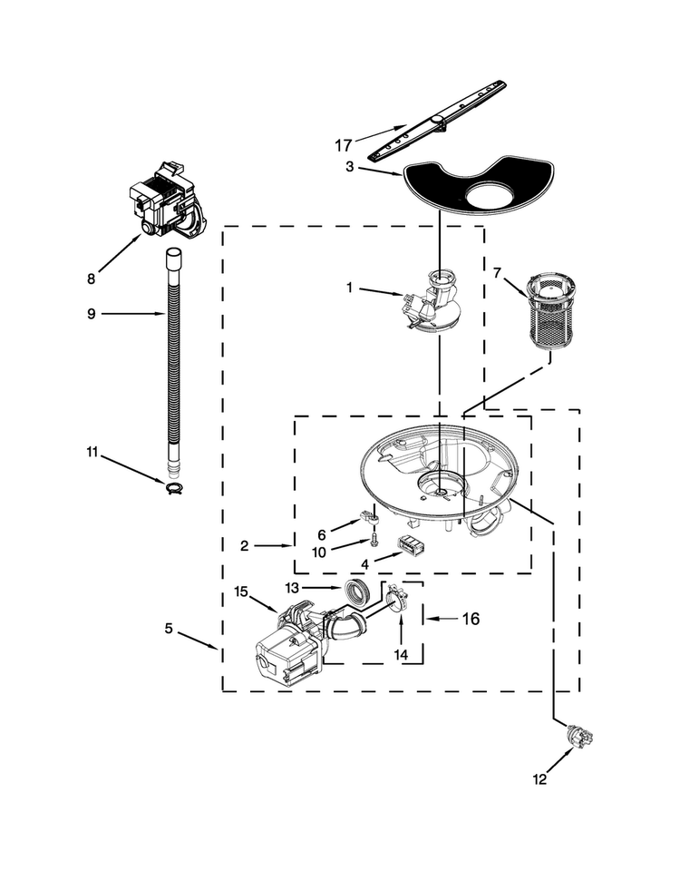 Pump, Washarm And Motor Parts Diagram and Parts List for WDF530PSYB7  Whirlpool Dishwasher