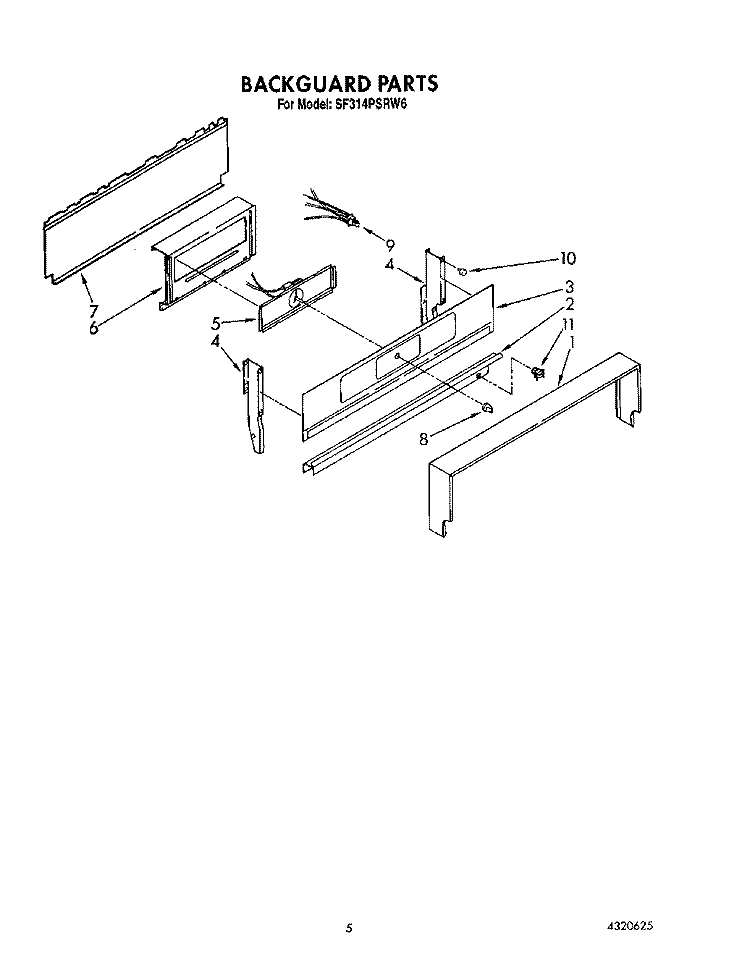 BACKGUARD Diagram and Parts List for SF314PSRW6  Whirlpool Range
