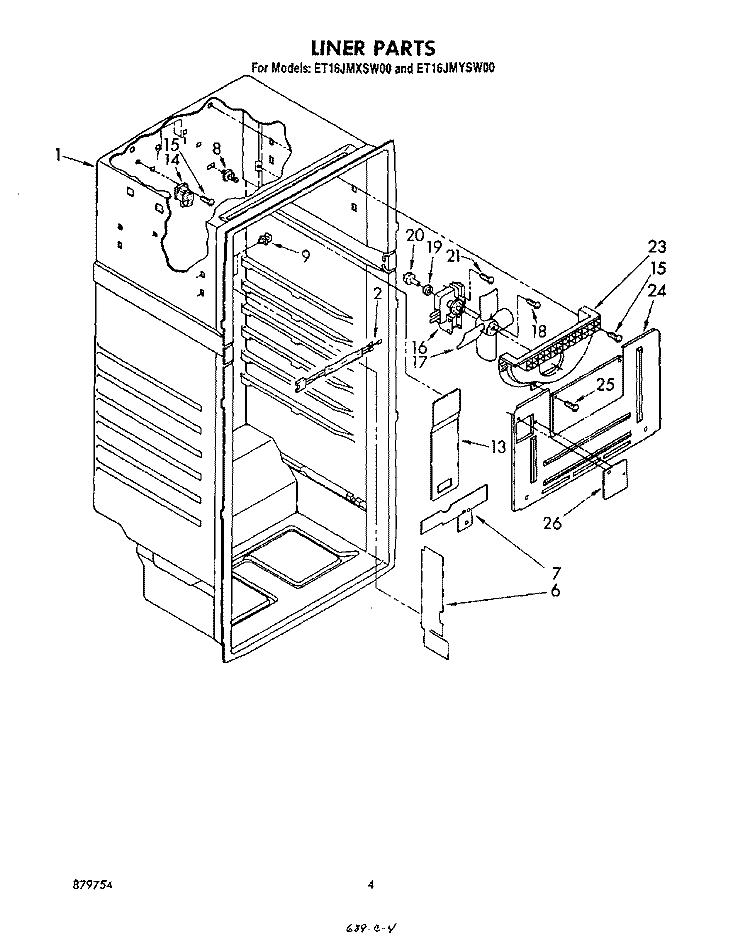 LINER Diagram and Parts List for ET16JMYSN00  Whirlpool Refrigerator