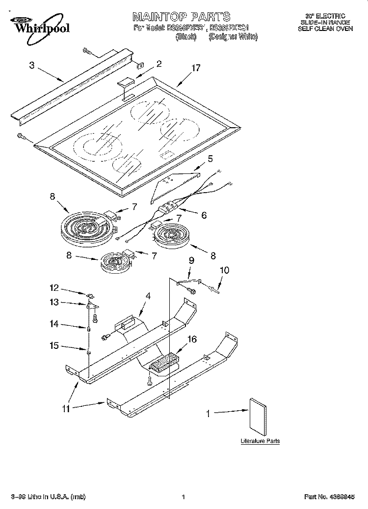 MAINTOP, LITERATURE Diagram and Parts List for RS386PXEB1  Whirlpool Range