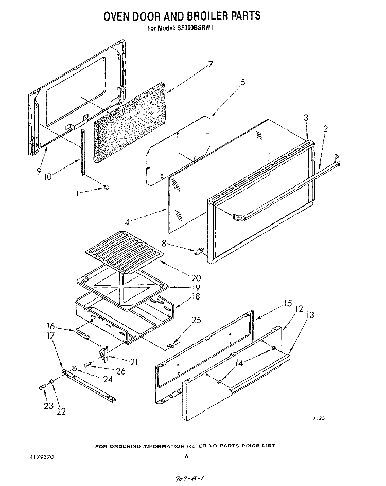 OVEN DOOR AND BROILER Diagram and Parts List for SF300BSRW1  Whirlpool Range