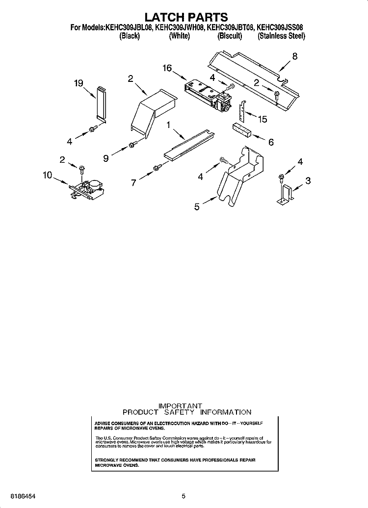 LATCH PARTS Diagram and Parts List for KEHC309JBT08  KitchenAid Microwave Oven Combo
