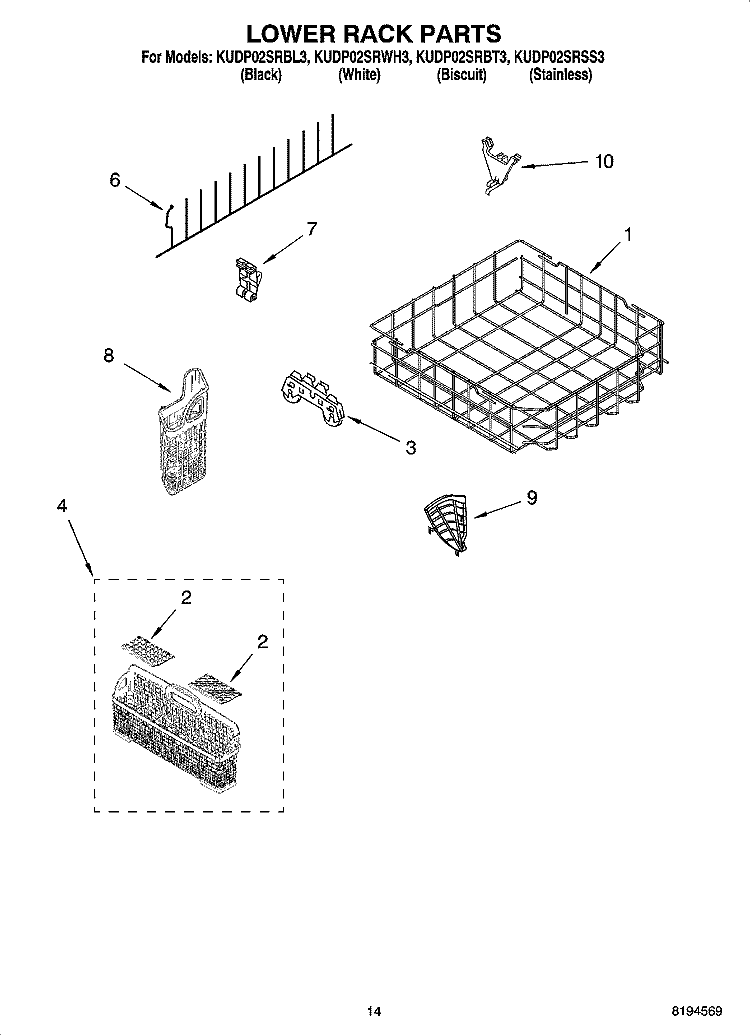 LOWER RACK PARTS, OPTIONAL PARTS (NOT INCLUDED) Diagram and Parts List for KUDP02SRBL3  KitchenAid Dishwasher