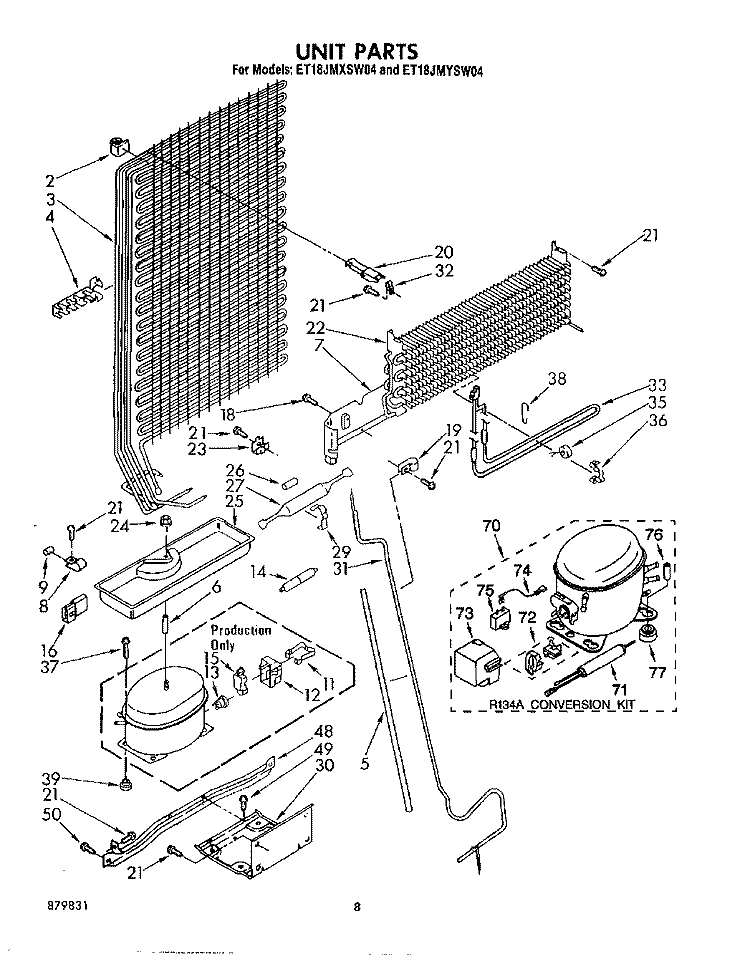 UNIT Diagram and Parts List for ET18JMYSN04  Whirlpool Refrigerator