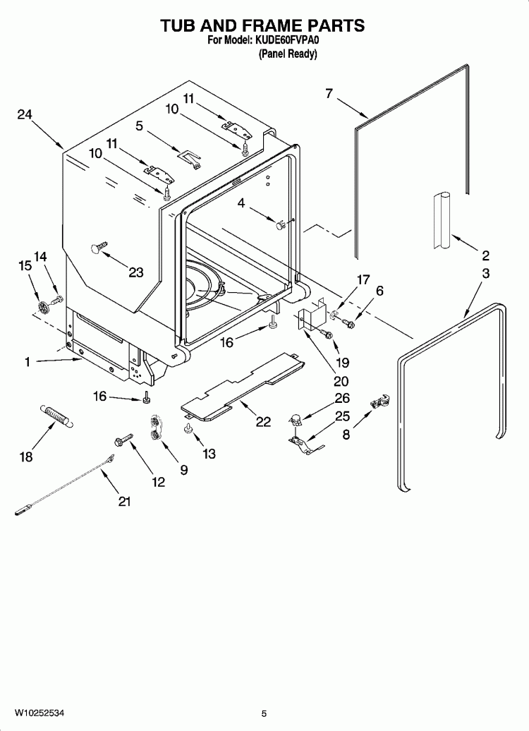 TUB AND FRAME PARTS Diagram and Parts List for KUDE60FVPA0  KitchenAid Dishwasher