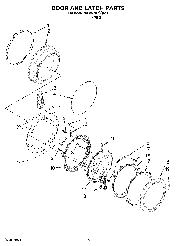 DOOR AND LATCH PARTS Diagram and Parts List for WFW9200SQA11  Whirlpool Washer