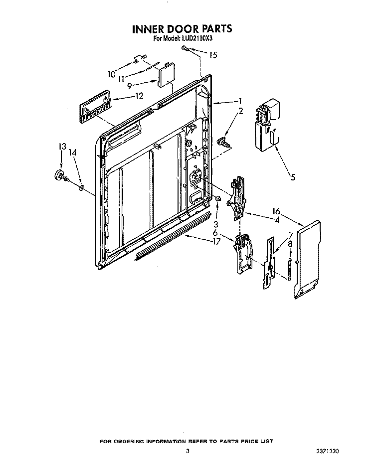 INNER DOOR Diagram and Parts List for LUD2100X3  Whirlpool Dishwasher