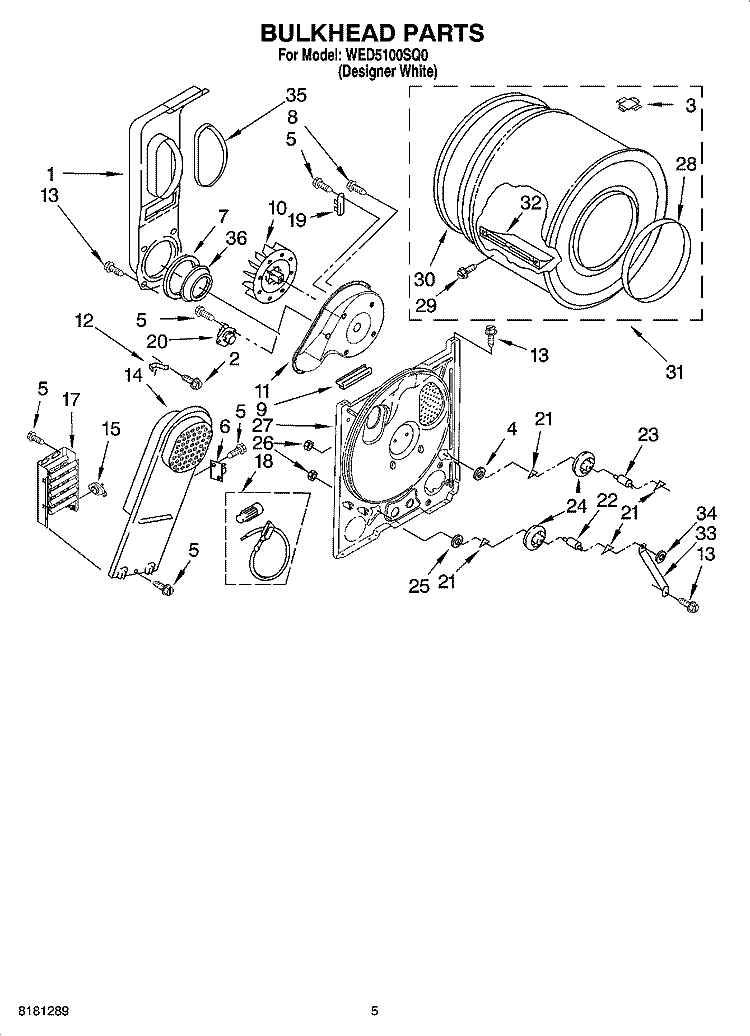 BULKHEAD PARTS, OPTIONAL PARTS (NOT INCLUDED) Diagram and Parts List for WED5100SQ0  Whirlpool Dryer